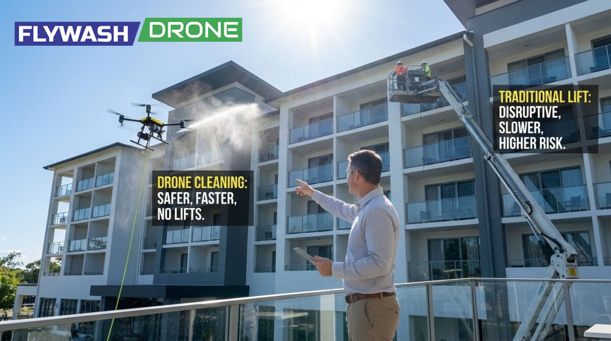 Facility manager reviewing exterior cleaning scope for a hotel facade, deciding between drone cleaning and traditional lift access