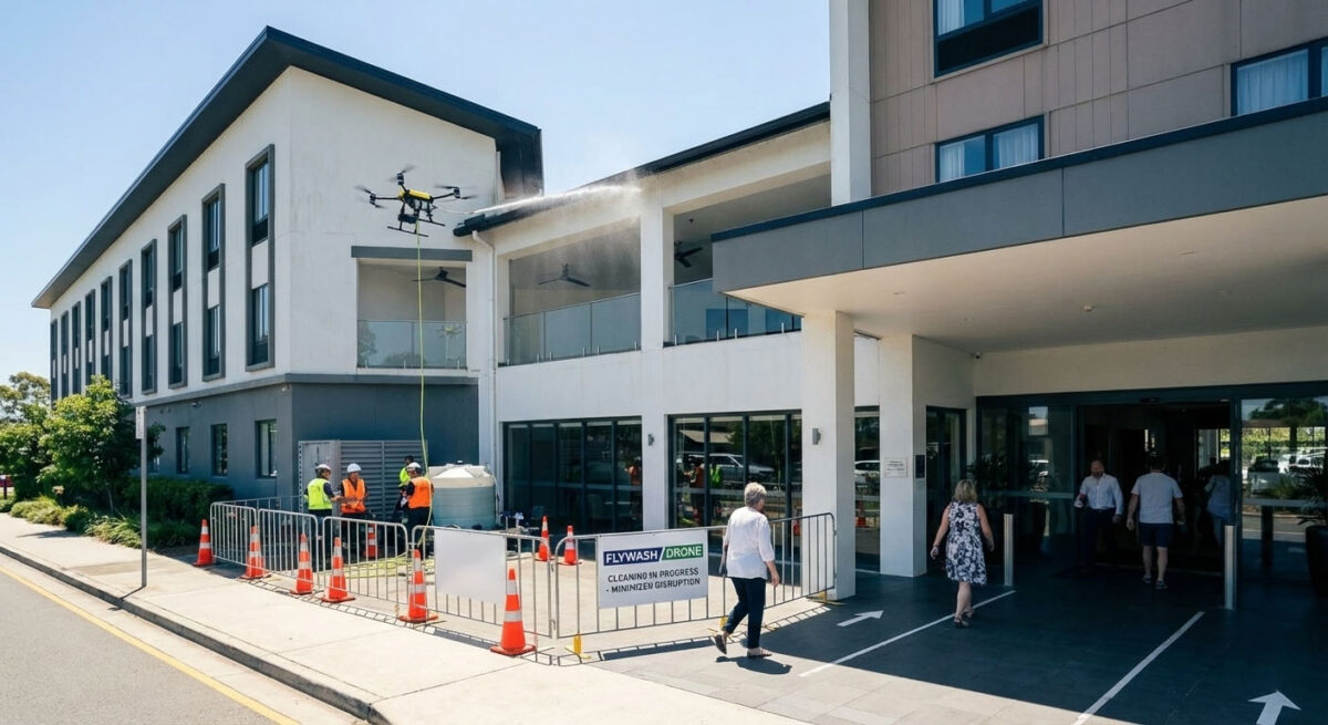 Hotel exterior cleaning plan showing minimized disruption: small staging zone, pedestrian routing, and drone operation away from main entrance